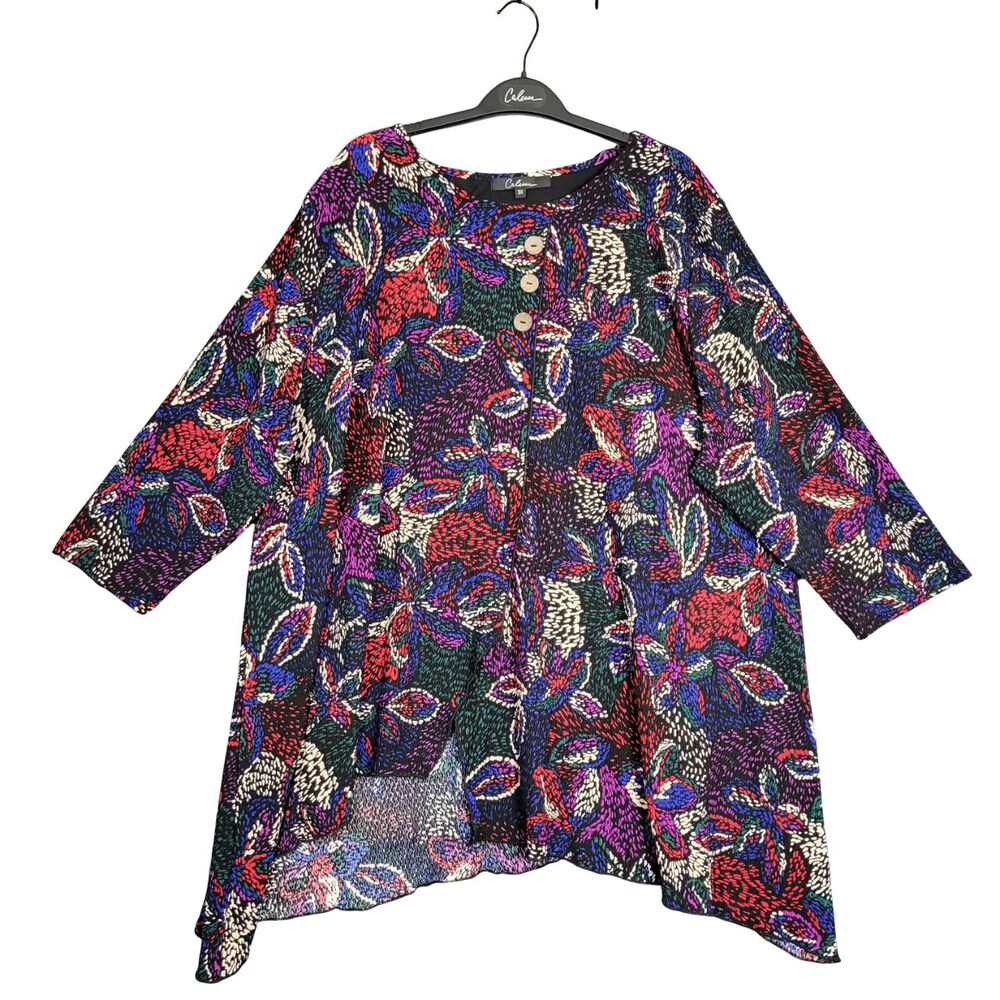 Calessa Artsy Floral Button Handkerchief Tunic Crinkle Textured SIZE 3X LL24S18W